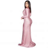 Pink Long Sleeve Deep V-Neck Fashion Women Slim Slited Maxi Dress