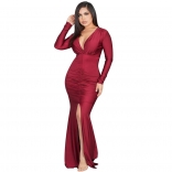 Red Long Sleeve Deep V-Neck Fashion Women Slim Slited Maxi Dress