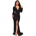 Black Long Sleeve Deep V-Neck Fashion Women Slim Slited Maxi Dress