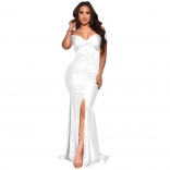 White Off-Shoulder Low-Cut V-Neck Bodycons Pleated Evening Dress