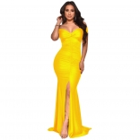 Yellow Off-Shoulder Low-Cut V-Neck Bodycons Pleated Evening Dress
