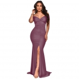 Purple Off-Shoulder Low-Cut V-Neck Bodycons Pleated Evening Dress