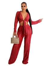 Red Long Sleeve Deep V-Neck Fashion Pleated Sexy Women Jumpsuit