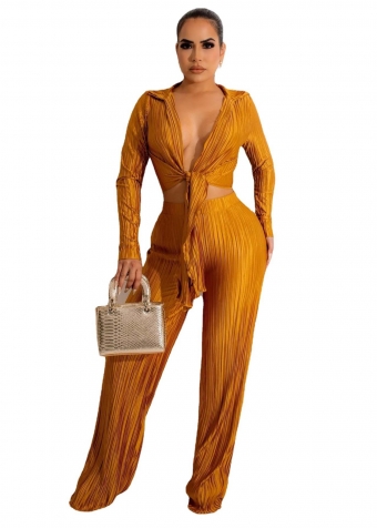 Yellow Long Sleeve Deep V-Neck Fashion Pleated Sexy Women Jumpsuit