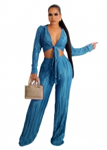 Blue Long Sleeve Deep V-Neck Fashion Pleated Sexy Women Jumpsuit