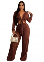 Brown Long Sleeve Deep V-Neck Fashion Pleated Sexy Women Jumpsuit