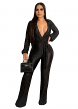 Black Deep V-Neck Long Sleeve Pleated Silk Fashion Women Jumpsuit