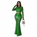 Green O-Neck Long Sleeve Sequin Slim Fashion Women Sexy Evening Long Dress