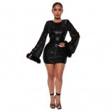 Black Feather Long Sleeve O-Neck Sequin Bodycon Sexy Mini Dress