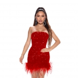 Red Off-Shoulder Sleeveless Seuin Slim Women Sexy Mini Dress