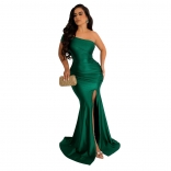 Green Off-Shoulder Sleeveless Pleated Bodycon Women Sexy Evening Maxi Dress