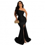 Black Off-Shoulder Sleeveless Pleated Bodycon Women Sexy Evening Maxi Dress