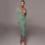 Green Long Sleeve Deep V-Neck Fashion Sexy Bandage Midi Dress