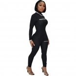Black Long Sleeve O-Neck Printed Fashion Women Bodycon Sport Dress
