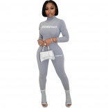 Grey Long Sleeve O-Neck Printed Fashion Women Bodycon Sport Dress