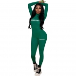 Green Long Sleeve O-Neck Printed Fashion Women Bodycon Sport Dress