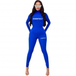 Blue Long Sleeve O-Neck Printed Fashion Women Bodycon Sport Dress