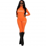 Orange Long Sleeve O-Neck Printed Fashion Women Bodycon Sport Dress