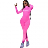 Pink Long Sleeve O-Neck Printed Fashion Women Bodycon Sport Dress