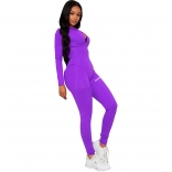 Purple Long Sleeve O-Neck Printed Fashion Women Bodycon Sport Dress