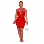 Red Sleeveless Mesh Rhinestone Women Bodycon Party Mini Dress