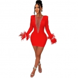 Red Feather Long Sleeve Deep V-Neck Mesh Bodycon Club Mini Dress