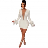 White Feather Long Sleeve Deep V-Neck Mesh Bodycon Club Mini Dress