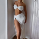White Off-Shoulder Sleeveless V-Neck Fashion Sexy Party Long Dress