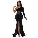 Black One-Sleeve Velvet Mesh Nets Slim Fashion Party Evening Long Dress