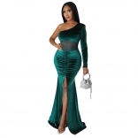 Green One-Sleeve Velvet Mesh Nets Slim Fashion Party Evening Long Dress
