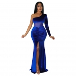 Blue One-Sleeve Velvet Mesh Nets Slim Fashion Party Evening Long Dress