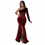 Red One-Sleeve Velvet Mesh Nets Slim Fashion Party Evening Long Dress