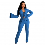 Blue Long Sleeve Pleated V-Neck Knot Bodycon Party Sexy Jumpsuit