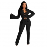 Black Long Sleeve Pleated V-Neck Knot Bodycon Party Sexy Jumpsuit