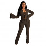 Brown Long Sleeve Pleated V-Neck Knot Bodycon Party Sexy Jumpsuit