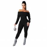 Black Off-Shoulder Foral Long Sleeve Cotton Sweater Sexy Jumpsuit
