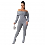 Grey Off-Shoulder Foral Long Sleeve Cotton Sweater Sexy Jumpsuit