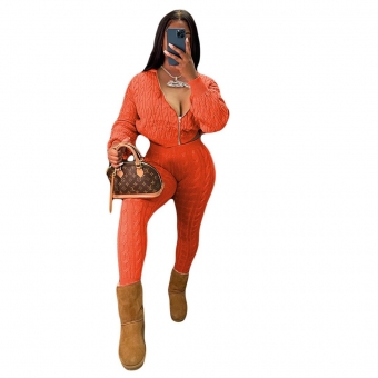 Orange Long Sleeve Zipper Deep V-Neck Knitting Sweaters Catsuit Dress