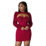 Red  Long Sleeve Low-Cut Sexy Bodycon Mini Dress