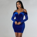 Blue Off-Shoulder Mesh Sleeve V-Neck Velvet Bodycon Mini Dress
