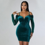 Green Off-Shoulder Mesh Sleeve V-Neck Velvet Bodycon Mini Dress