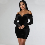 Black Off-Shoulder Mesh Sleeve V-Neck Velvet Bodycon Mini Dress