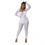 White Mesh Long Sleeve Bodycon Women Sexy Jumpsuit