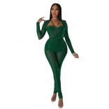 Green Mesh Long Sleeve Bodycon Women Sexy Jumpsuit