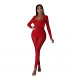 Red Mesh Long Sleeve Bodycon Women Sexy Jumpsuit