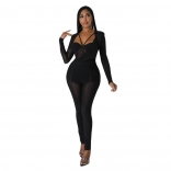 Black Mesh Long Sleeve Bodycon Women Sexy Jumpsuit