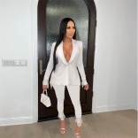 White Long Sleeve Button Tassels Sexy Women Catsuit Jumpsuit