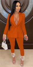 Orange Long Sleeve Button Tassels Sexy Women Catsuit Jumpsuit