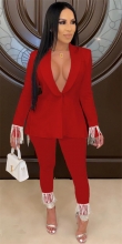 Red Long Sleeve Button Tassels Sexy Women Catsuit Jumpsuit