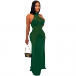 Green Sleeveless Halter Mesh Bodycon Women Party Maxi Dress